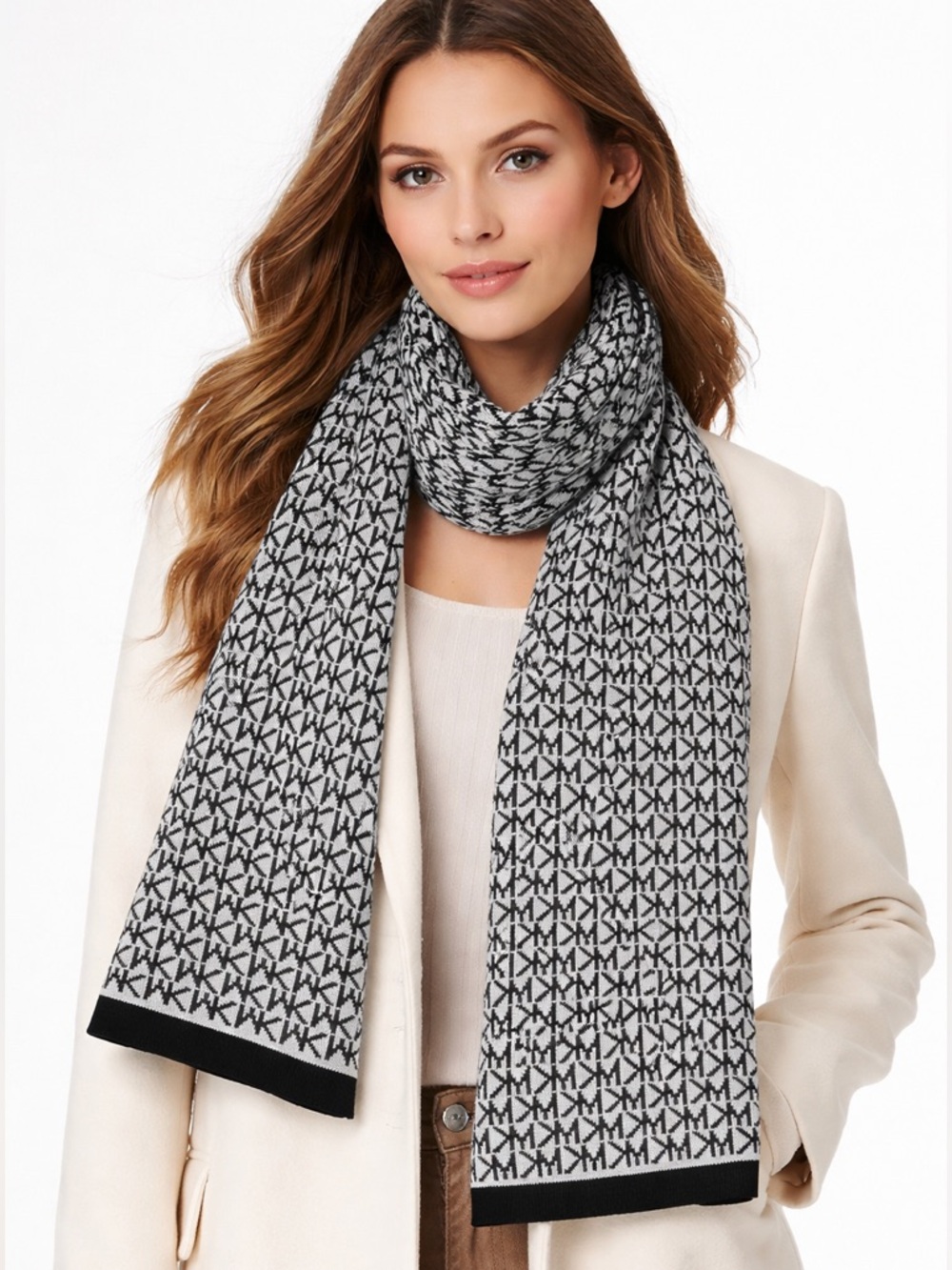 Michael Kors MK Monogram Scarf Gray Black Logo Knit Winter Unisex